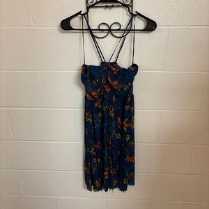 Blue floral halter neck mini dress with frayed hem